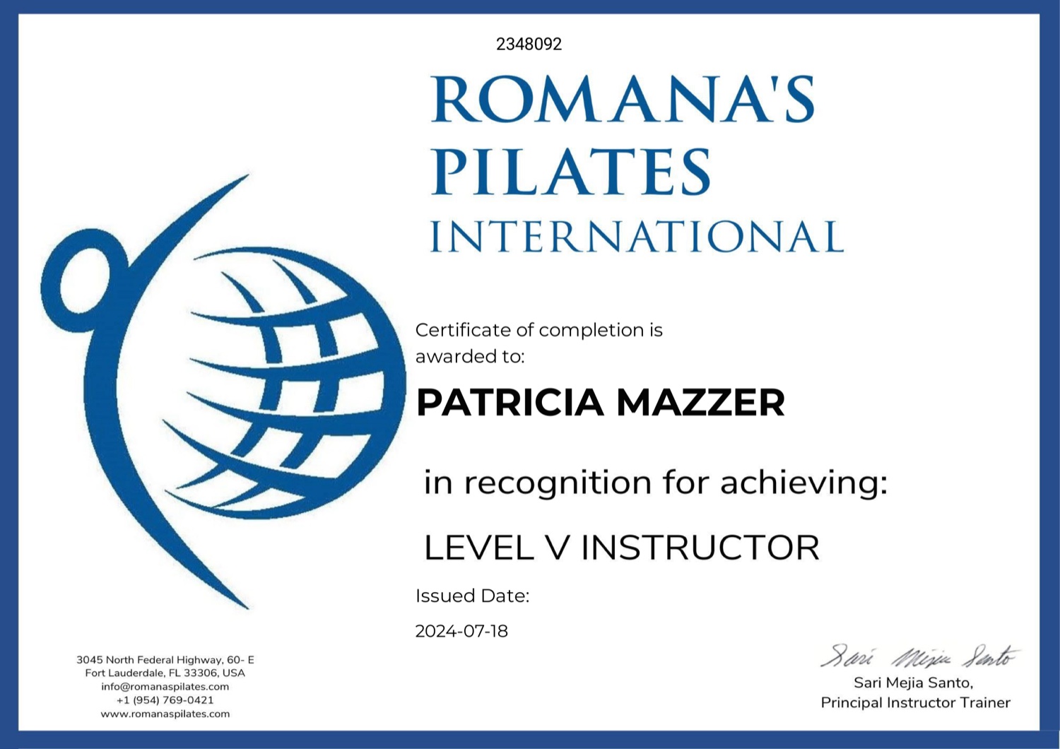 Certificado Romana's Pilates International — Level V Instructor, Patrícia Mazzer